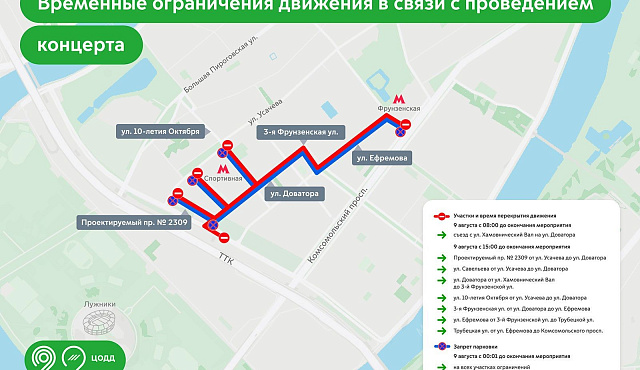 В районе «Лужников» временно перекроют несколько улиц 9 августа
